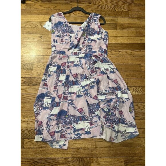 Svilu Pleated Crepe De Chine Size 6 100% Silk Dress Pink with Sailboats - Picture 1 of 16